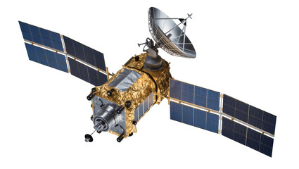 Space satellite with solar panels and dish antenna, isolated on transparent background © Alexandra