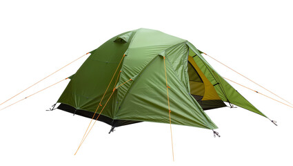 Green camping tent with yellow interior secured by ropes, isolated on transparent background © Alexandra