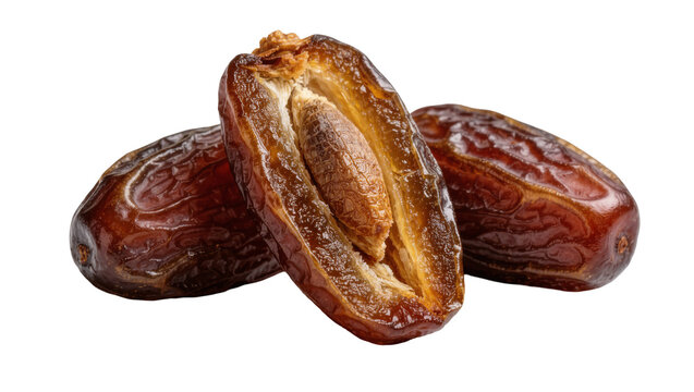 Dried Medjool dates one halved to reveal seed, isolated on transparent background