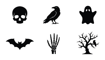 Fototapeta premium Halloween Icons Set: Spooky Skull, Crow, Ghost, Bat, Skeleton Hand, Haunted Tree Vector Graphics