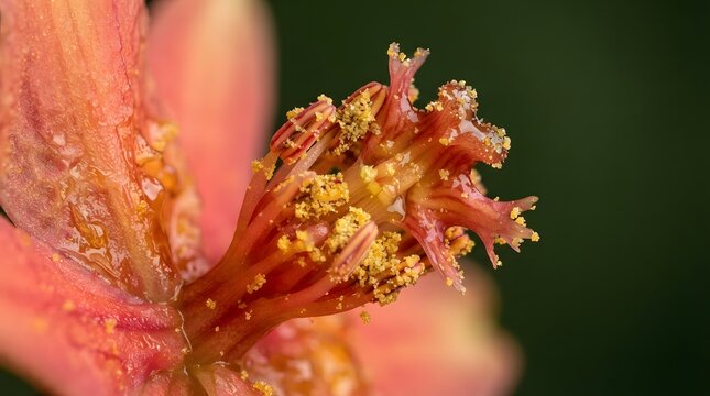 Macro close up photograph showing intricate details of vibrant orange flower pistil and stamen covered in golden pollen grains with soft natural lighting and dark blurred background creating depth