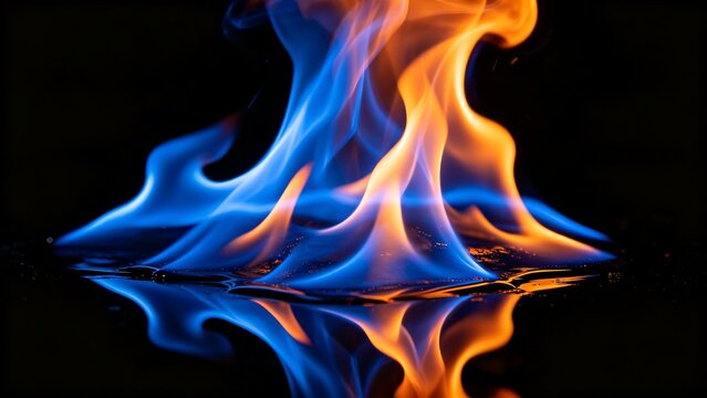 Abstract Blue and Orange Flames on Black Background with Reflection