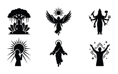 Fototapeta premium Spiritual Icons Collection: Buddha, Angel, Jesus, Hindu Deity, Human Figures, 6 Vector Silhouettes