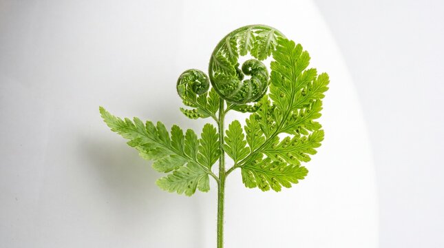 Fern Frond with Young Curling Fiddlehead Isolated on White Background