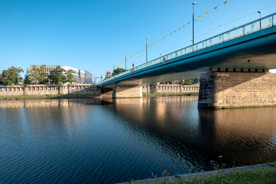 Krakow, Poland - July 18, 2026: Vistula River waterfront, bridges and riverside paths through central Krakow.