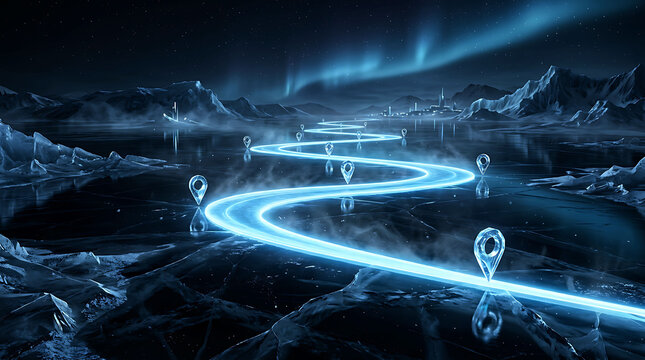 Futuristic navigation path glowing with blue light over a frozen arctic landscape with aurora borealis