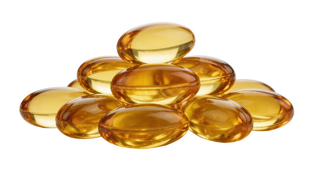 Pile of translucent golden oval softgel capsules, isolated on transparent background