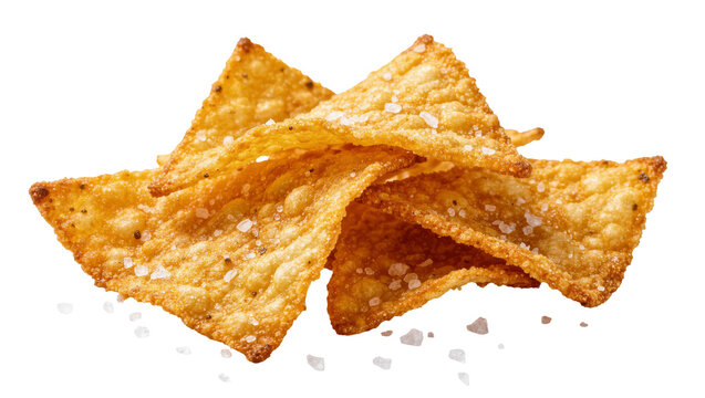Golden crispy tortilla chips sprinkled with coarse salt, isolated on transparent background