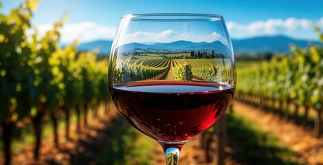 Obraz premium Wine glass reflects vineyard rows under bright sun sky. Rows of green vine leaves surround the drink on farm hillside. Scenic view suggests harvest or wine tasting day.