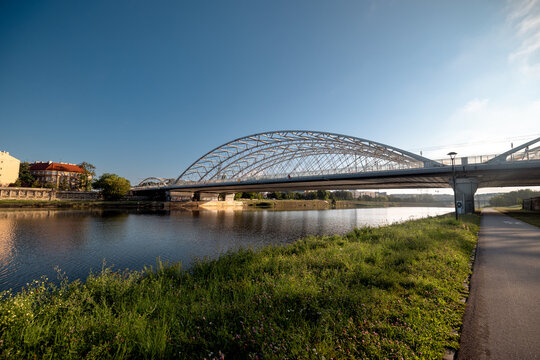 Krakow, Poland - July 18, 2026: Vistula River waterfront, bridges and riverside paths through central Krakow.
