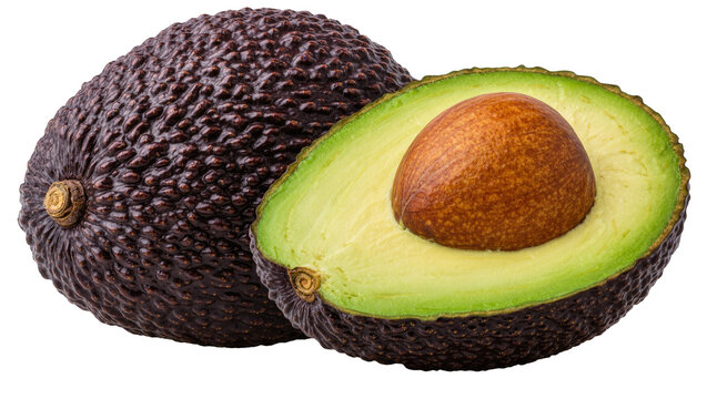 Dark textured whole avocado next to a halved avocado with brown seed, isolated on transparent background