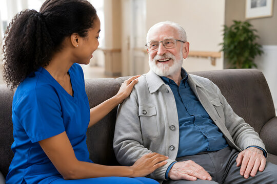 Young friendly african female caregiver talking chatting to happy senior man in hallway of nursing home. Picture of smiling nurse assisting senior e