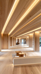Obraz premium Modern luxury hotel lounge interior featuring warm wooden ceiling beams, ambient linear lighting, and elegant decor. There are no people in this serene architectural space.