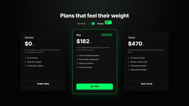 3D animated pricing table interface for SaaS, featuring dark mode web design, neon green accents, sliding cards, and a toggle switch animation.
