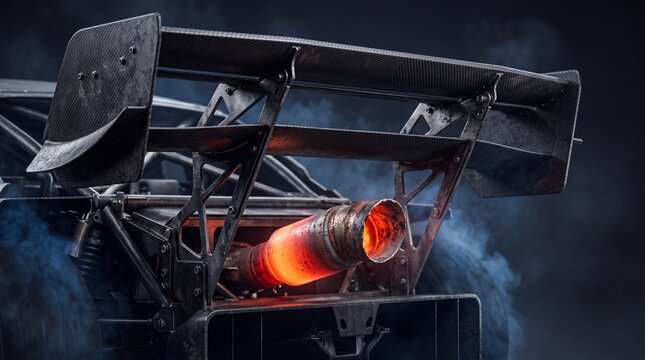 Rally Car Glowing Exhaust Pipe with Carbon Fiber Rear Wing Spoiler