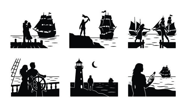 Nautical Silhouette Scenes: Romantic Couples, Sailors, Ships, Lighthouse, Vintage Voyage Art