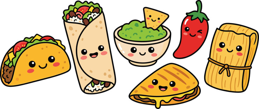 Mexican food cute kawaii vector illustration with taco burrito guacamole chili tamale for menu design