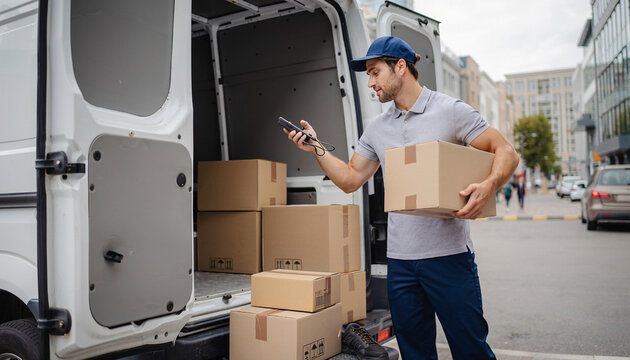 A delivery driver in uniform scans a parcel near a van filled with boxes. This professional scene evokes efficiency, reliability, and seamless logistics in a bustling urban environment.