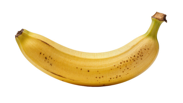 Ripe yellow banana with brown spots, isolated on transparent background
