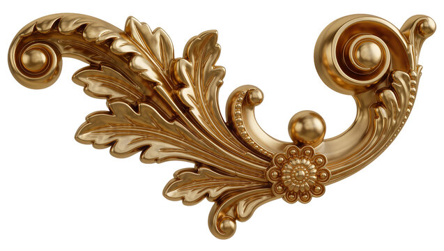 Ornate golden acanthus leaf scrollwork with floral rosette, isolated on transparent background
