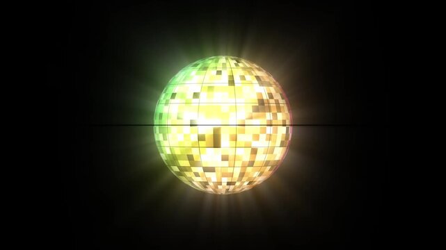 Rotating party mirror ball illuminated by blue and pink neon light, glittering surface reflections create energetic dance atmosphere for music broadcast, event visuals and 4k background