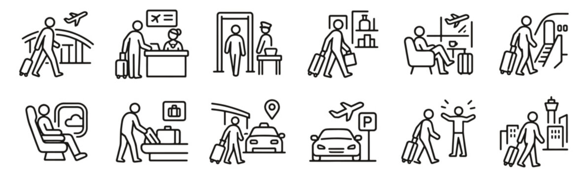Airport travel line icon set. Passenger check in, luggage, security and boarding linear vector illustration. Outline signs for flights, baggage claim, transfers and terminal shopping and parking.