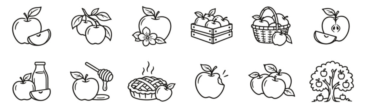 Apple harvest line icon set. Fruit, orchard, juice, pie and honey linear vector illustration. Outline signs for fresh produce, farming, healthy food and orchard produce, baking and seasonal nutrition.