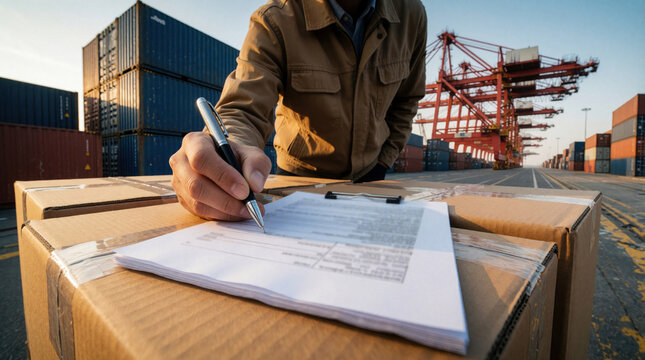 Logistics worker signs paperwork on clipboard over cardboard boxes at sea port. Male employee checks delivery documents near metal cargo containers. Professional manager manages freight shipment,