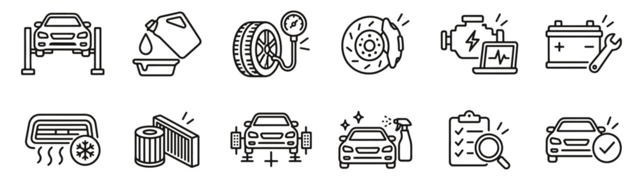 Car maintenance line icon set. Oil change, tires, brakes and engine diagnostics linear vector illustration. Outline signs for auto repair, inspection, servicing and battery and filter replacement.