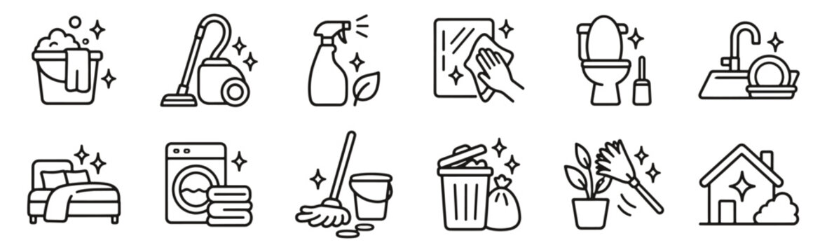 House cleaning line icon set. Vacuum, laundry, mopping and bathroom sanitation linear vector illustration. Outline signs for housekeeping, chores, home hygiene and window washing and waste removal.