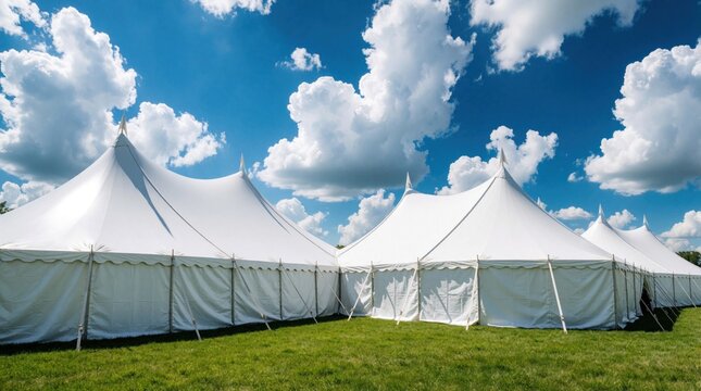 Large white marquee tents stand on green grass field under blue sky with fluffy clouds. Big event canopies provide shade for outdoor wedding party summer festival. Pro rental structures set up for