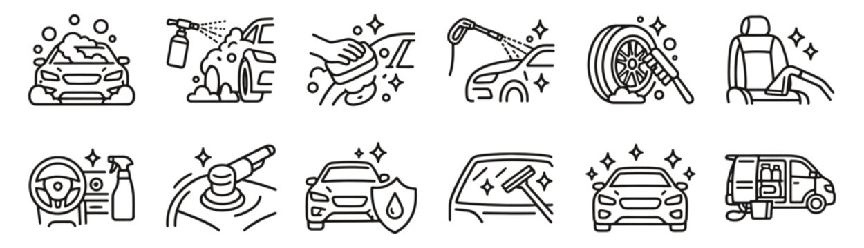 Car detailing line icon set. Foam washing, polishing, vacuuming and paint protection linear vector illustration. Outline signs for auto cleaning, mobile valet services and upholstery care.