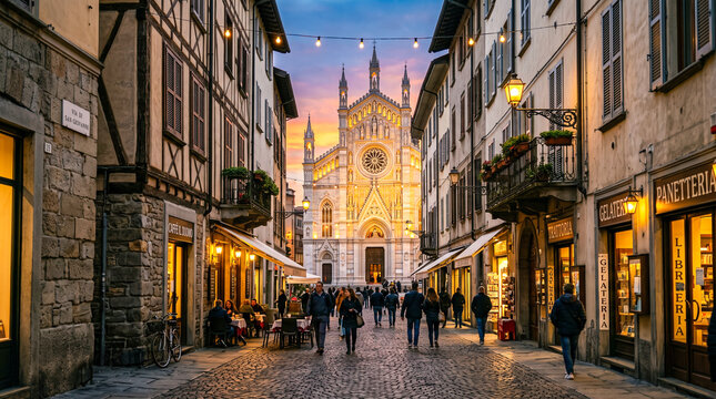 Estrecha calle urbana con edificios tradicionales y comercios, que conduce en perspectiva hacia la fachada iluminada de una iglesia hist&oacute;rica al atardecer.