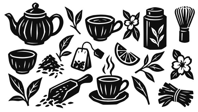 Tea ceremony linocut icon set. Teapot, cups, loose leaves, sachet, bamboo whisk, storage tin, citrus slice and wooden scoop. Hand drawn black vector illustration in vintage woodcut print style.
