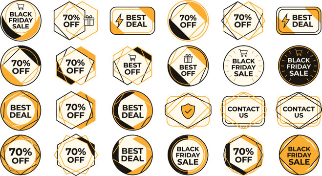 Black Friday Sale, 70% Off, Best Deal vector icon set; modern geometric discount badges and shopping labels for e-commerce promotions