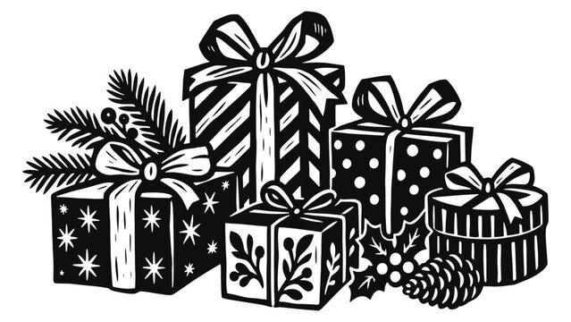 Christmas gift linocut illustration. Wrapped presents with bows, patterned boxes, holly berries, pinecone and evergreen branches. Hand drawn black vector artwork in vintage woodcut print style.