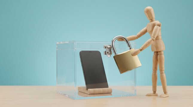 Wooden figure securing smartphone with padlock
