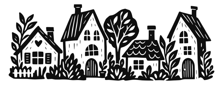 Cozy village linocut illustration. Row of charming cottages with arched doors, tall chimneys, garden foliage and decorative trees. Hand drawn black vector artwork in vintage woodcut print style.