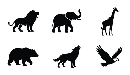 Obraz premium African Wildlife Silhouettes: Lion, Elephant, Giraffe, Bear, Wolf, Eagle Icons