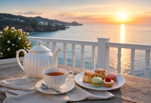Afternoon tea set with pastries and scones served on a balcony overlooking the ocean at sunset