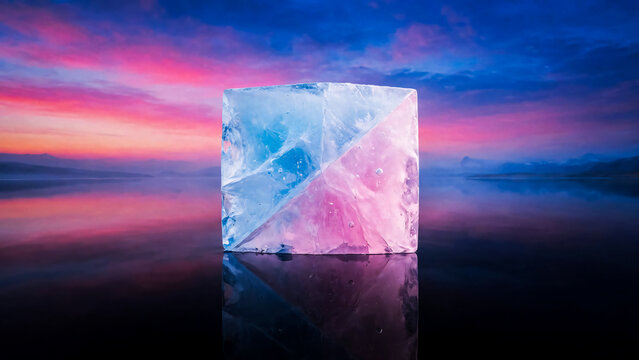 Cube de quartz rose et bleu, paysage abstrait