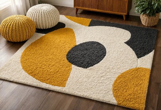 Modern Abstract Area Rug with Yellow and Charcoal Geometric Pattern in Cozy Living Room
