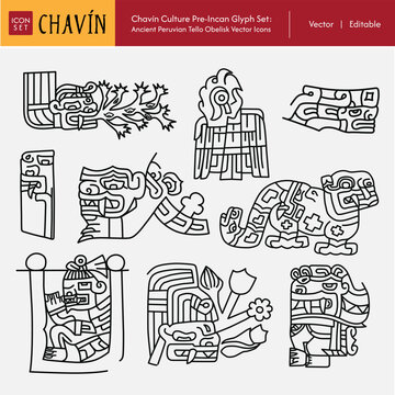 Chavin Culture Pre-Incan Glyph Set: Ancient Peruvian Tello Obelisk Vector Icons