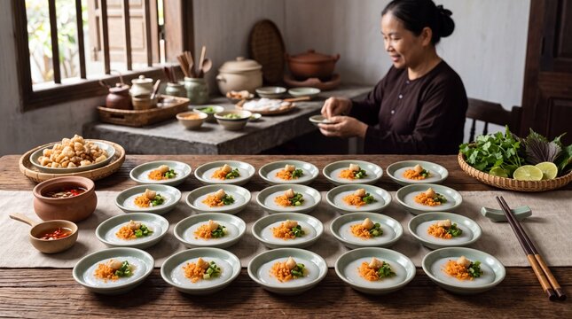 Banh Beo Vietnamese Water Fern Cakes with Shrimp Topping on Ceramic Plates, Traditional Kitchen Scene with Vietnamese Woman
