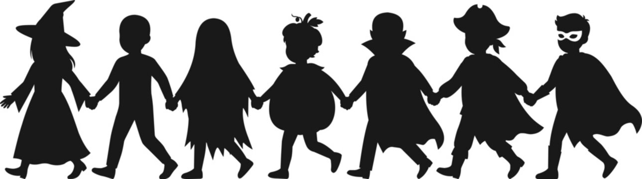 Black silhouette of children in Halloween costumes holding hands walking together.