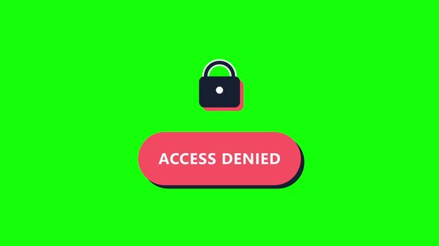 Animated red access denied button with closed padlock icon appears over chroma key green plus black and white backdrops for security and authentication interface designs.