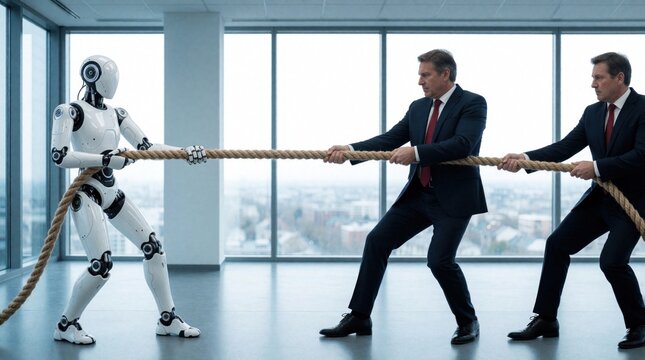 White humanoid robot competes in tug of war against two businessmen in suits. Android pulls thick rope in modern office skyscraper. Men struggle against artificial intelligence in corporate