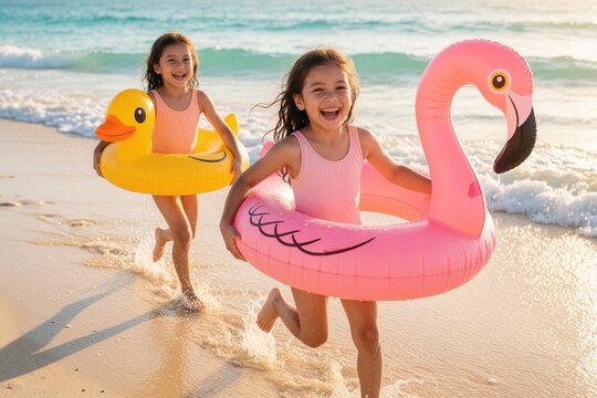 Two happy young girls run on sandy beach with colorful swim rings. Little sisters laugh, play near ocean waves during summer vacation. Pink flamingo, yellow duck floaties help kids enjoy water fun at