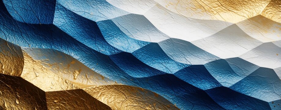 Abstract background with blue white, gold textured surface. Modern geometric pattern features undulating waves, 3D relief. Elegant liquid metallic shapes create serene flowing design for luxury