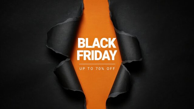 Black Friday sale banner with torn paper effect, orange background revealed through ripped black paper, promotional discount poster